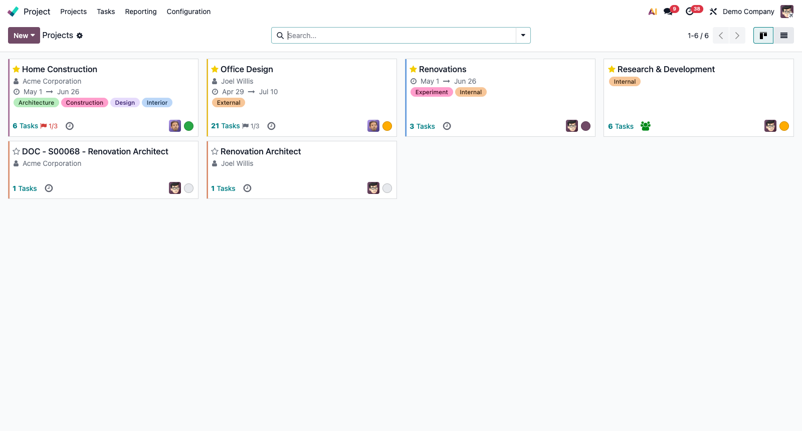 Screenshot van Odoo Project met een overzicht van lopende projecten