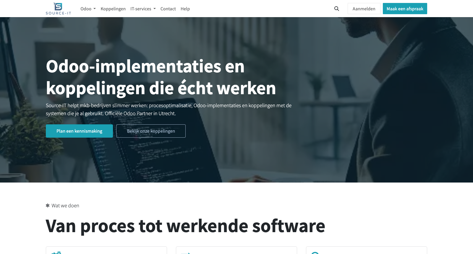 Screenshot van de website van Source-IT, gebouwd met Odoo Website