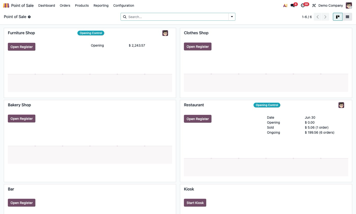 Screenshot van het Odoo Point of Sale dashboard