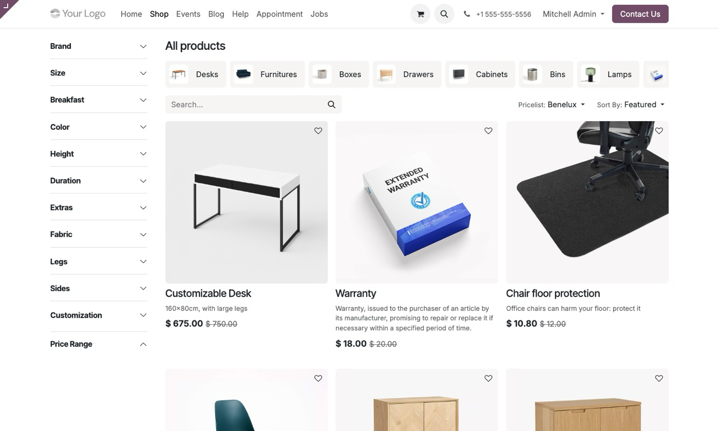 Screenshot van een Odoo webshop met productoverzicht